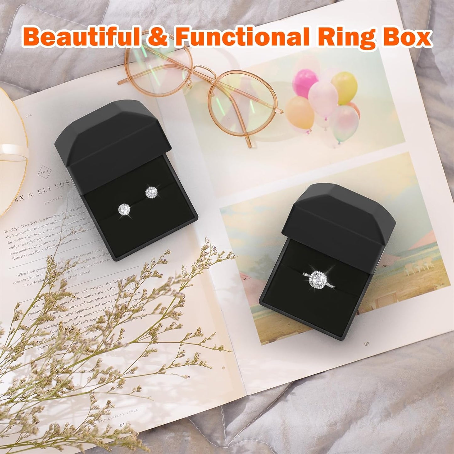 LED Ring Earring Box for Proposal, Wedding, Engagement, Luxury Jewelry Gift Box with LED Light, Jewellry Display Box (Black)