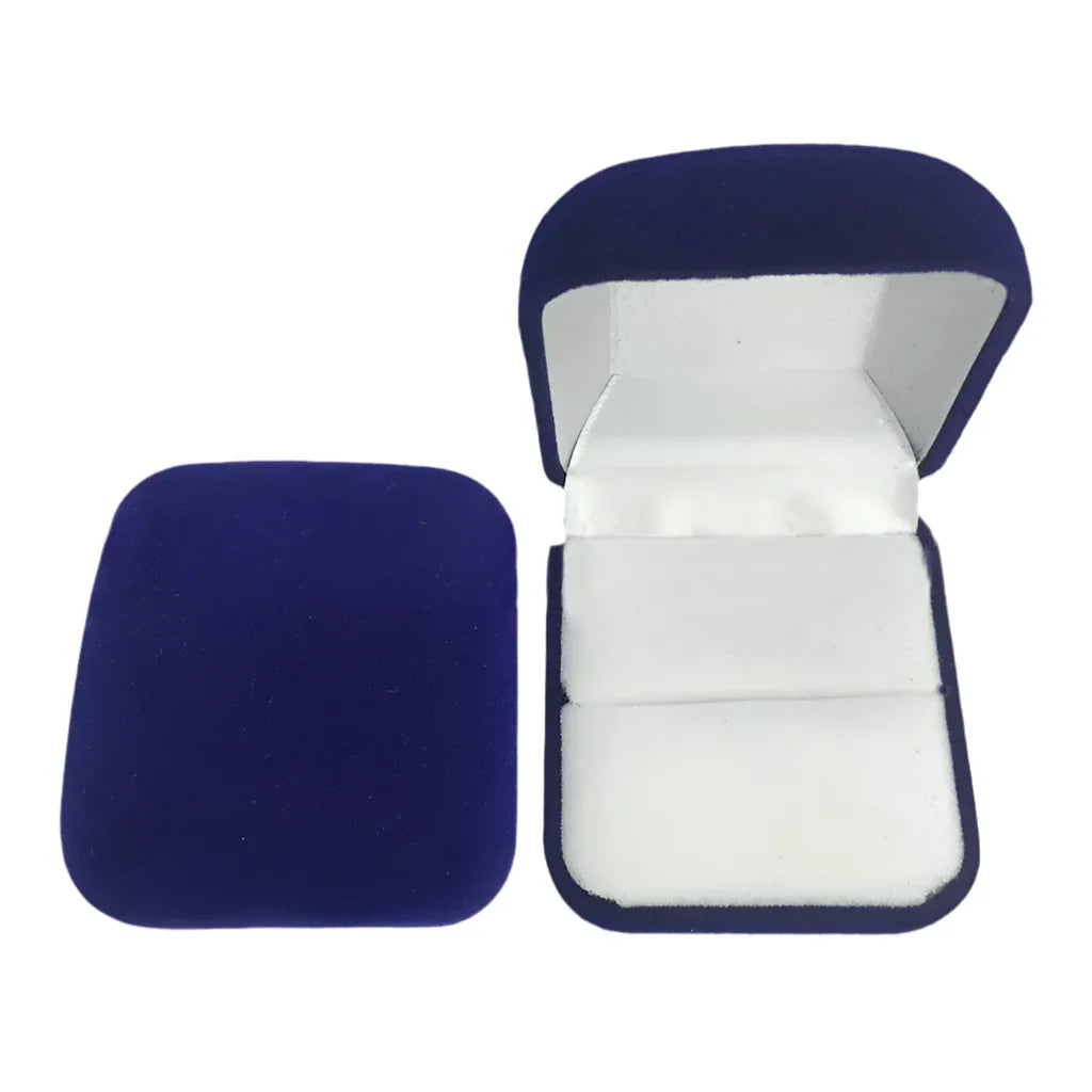 Blue velvet jewelry box with white interior, ideal for moissanite rings or lab-made stone jewelry