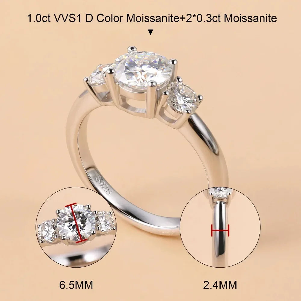 Moissanright 1.0ct moissanite engagement ring with side stones and size details, silver band