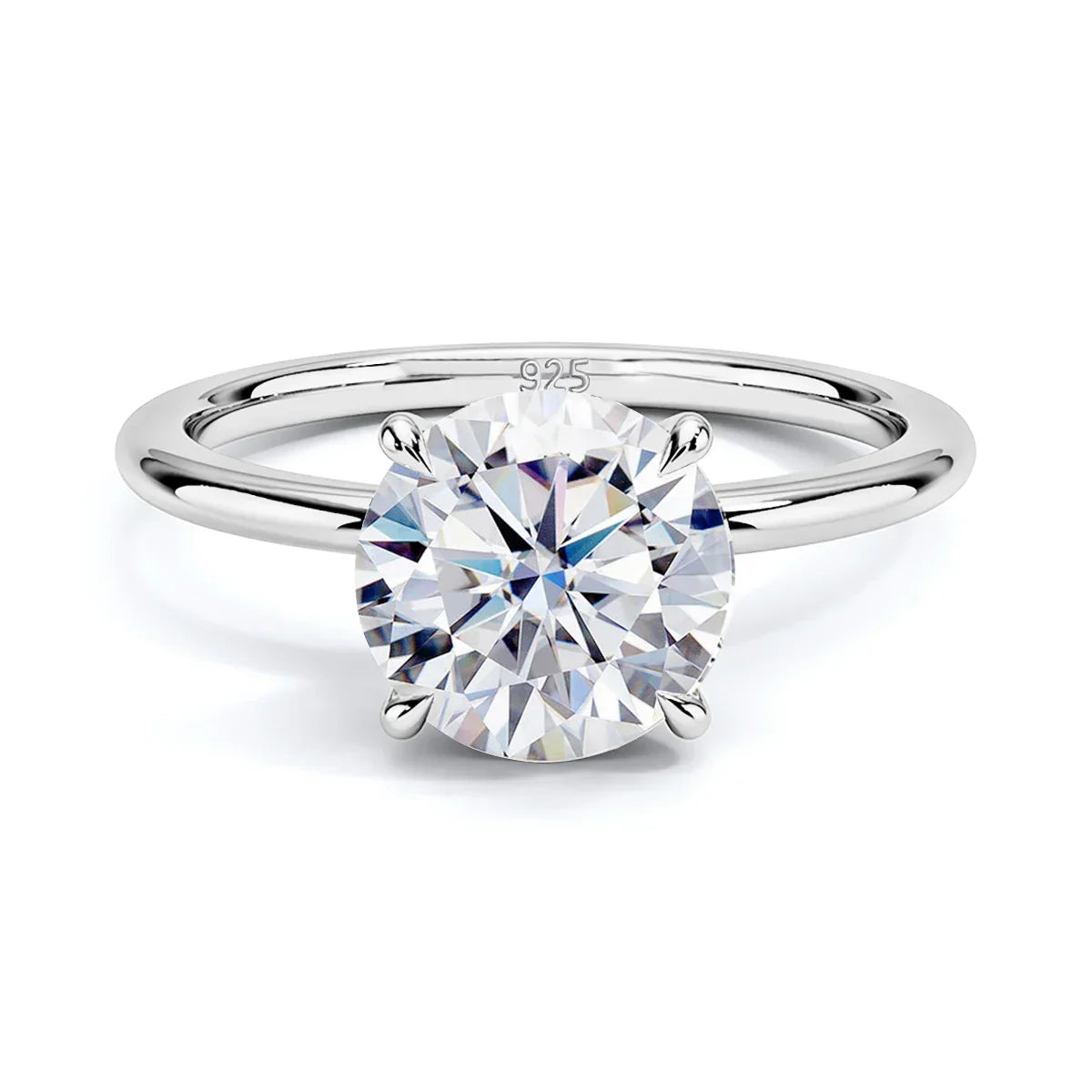 Solitaire moissanite engagement ring with round lab-created stone on silver band