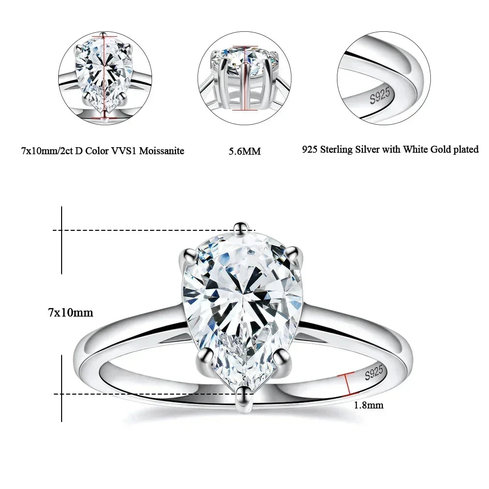 Pear-shaped 2ct D color VVS1 moissanite ring in 925 sterling silver with white gold plating