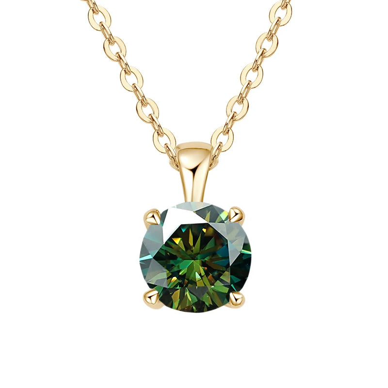 Gold necklace with round green moissanite pendant, ethical lab-made stone jewelry