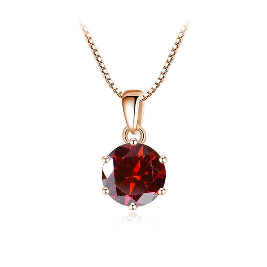 Rose gold-plated sterling silver necklace with a 1-carat ruby red moissanite pendant, round cut, for women.