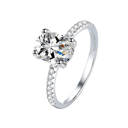 Dazzling oval cut moissanite engagement ring with row of moissanite side stone in white gold plated sterling silver