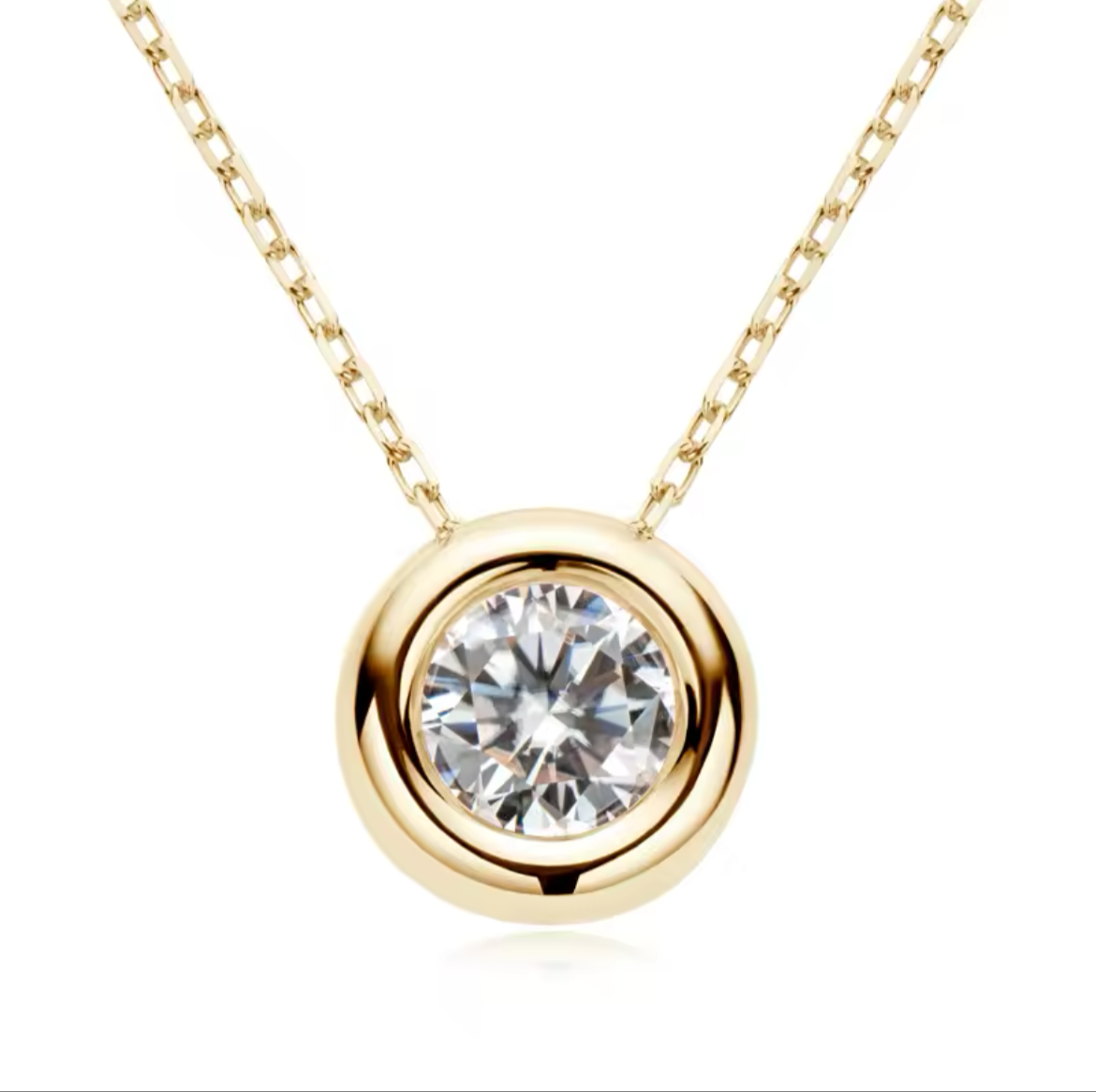 Gold plated sterling silver moissanite necklace with a 2 carat circle cut VVS clarity, for women.