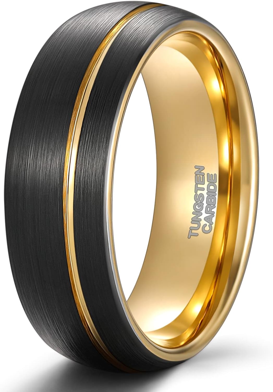 Brushed black and gold tungsten carbide men's wedding band, modern jewelry design