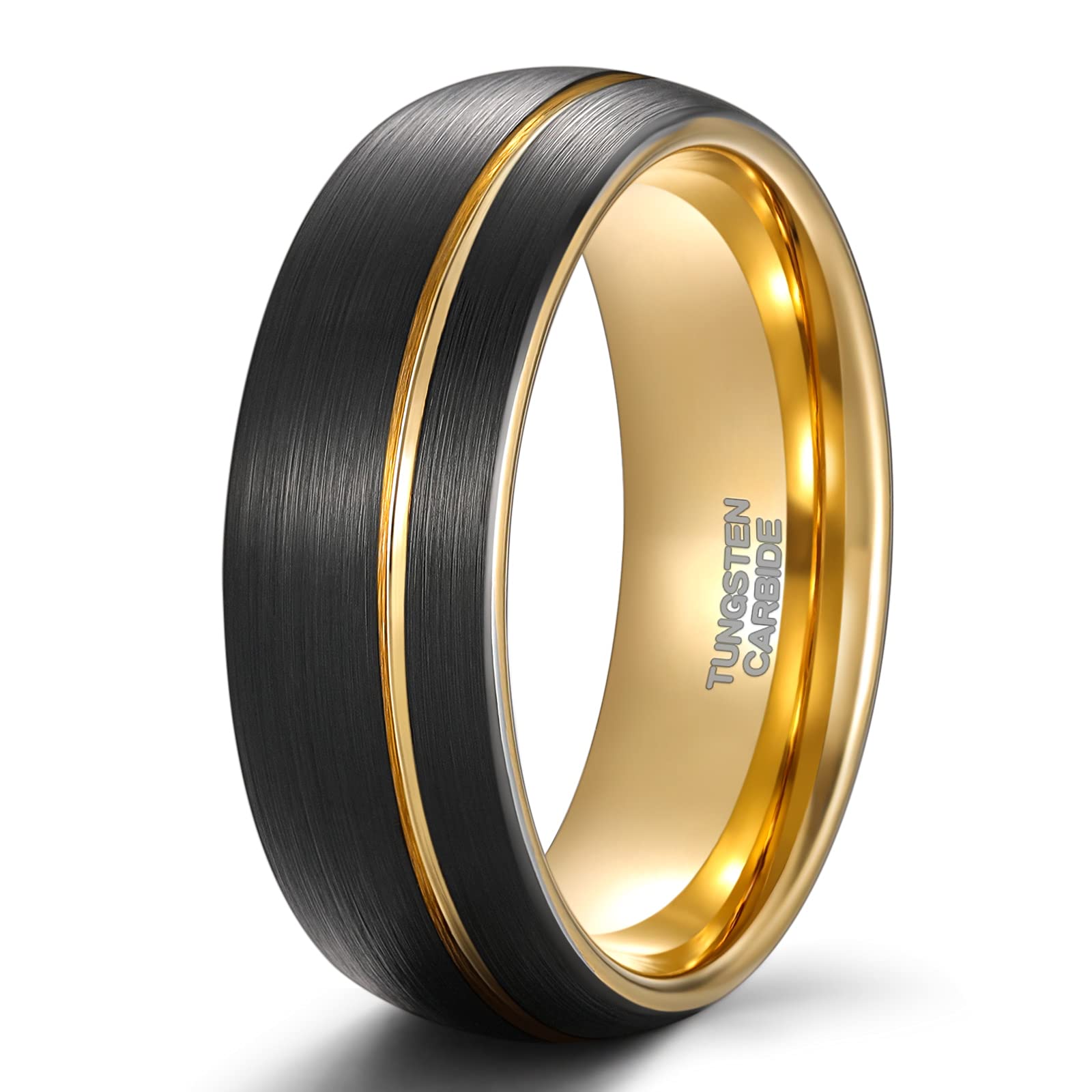 Brushed black tungsten carbide ring with gold interior and center stripe, men's jewelry