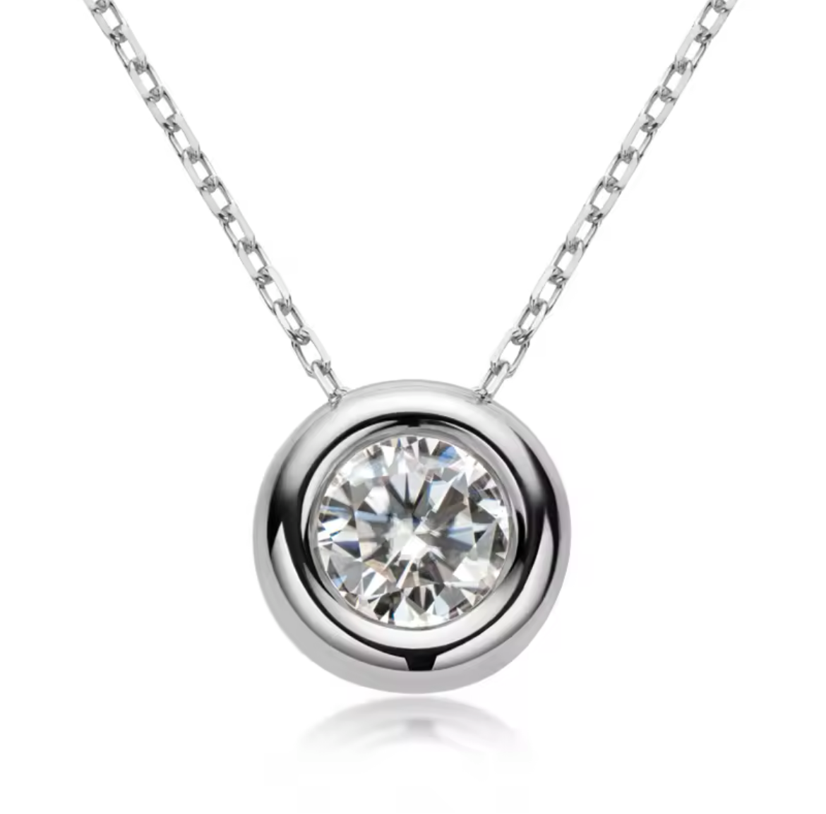 White gold plated sterling silver moissanite necklace with a 2 carat circle cut VVS clarity, for women.