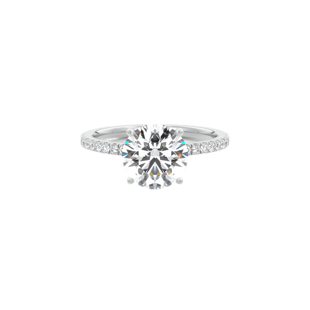 Dazzling round cut moissanite engagement ring with row moissanite side stone in white gold plated sterling silver size 6.5 1 Carat, 2 carat, 3 carat, 4 carat prong setting. Diamond