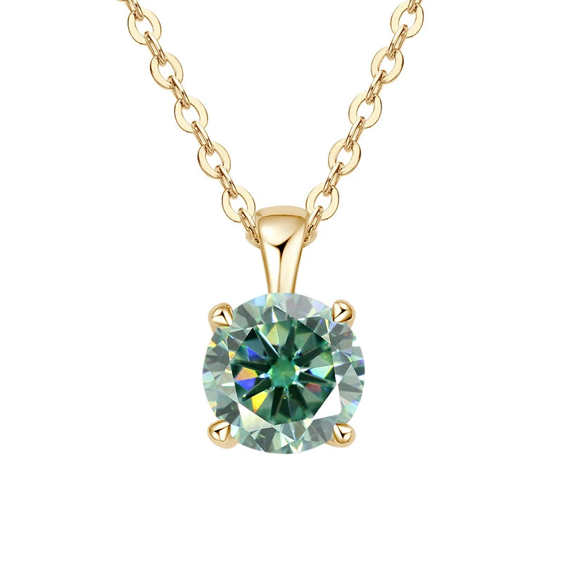 Gold-plated sterling silver necklace with a 1-carat teal moissanite pendant, round cut, for women.