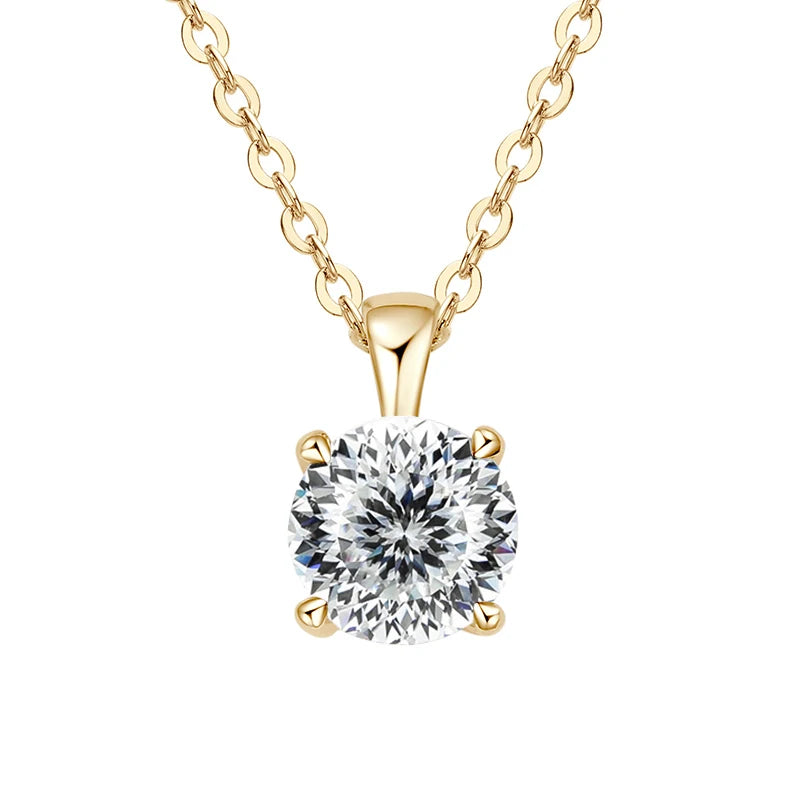 Gold-plated sterling silver necklace with a 1-carat 100 facet cut moissanite pendant, round cut, for women.