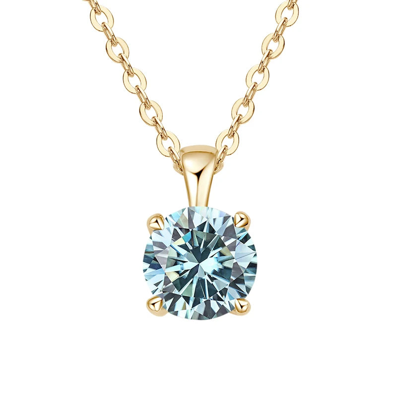 Gold-plated sterling silver necklace with a 1-carat blue moissanite pendant, round cut, for women. Affordable diamond alternative.