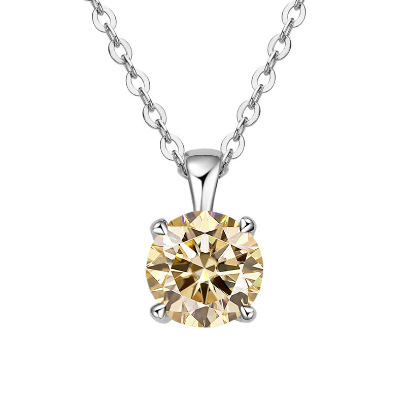 White gold-plated sterling silver necklace with a 1-carat amber yellow moissanite pendant, round cut, for women.