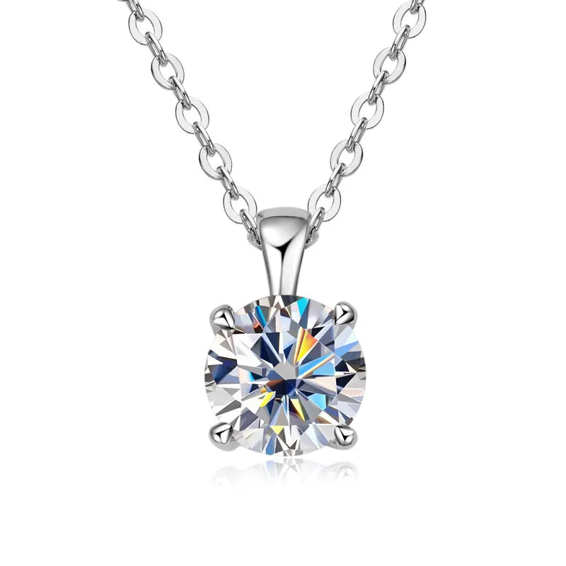 White gold-plated sterling silver necklace with a 1-carat diamond moissanite pendant, round cut, for women.