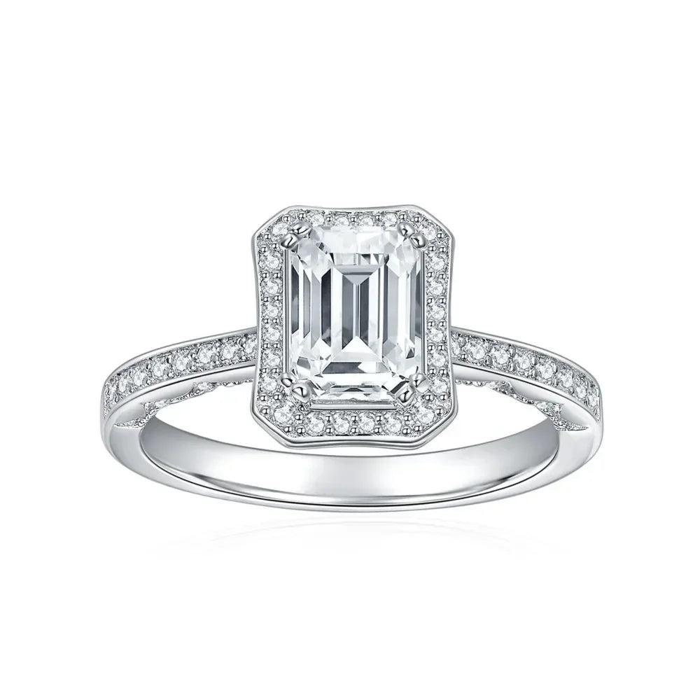 Emerald-cut moissanite engagement ring in 18K white gold-plated sterling silver, featuring a D-color VVS1 clarity stone