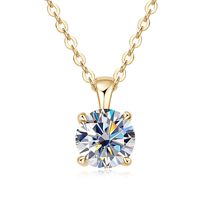 Gold-plated sterling silver necklace with a 1-carat moissanite pendant, round cut, for women.