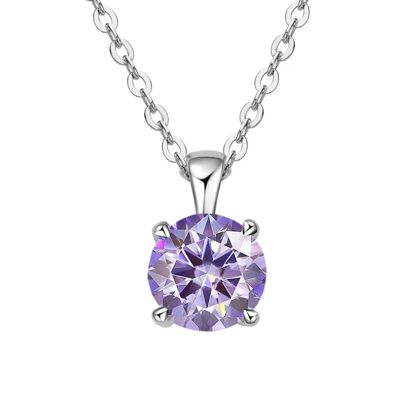 White gold-plated sterling silver necklace with a 1-carat violet moissanite pendant, round cut, for women.