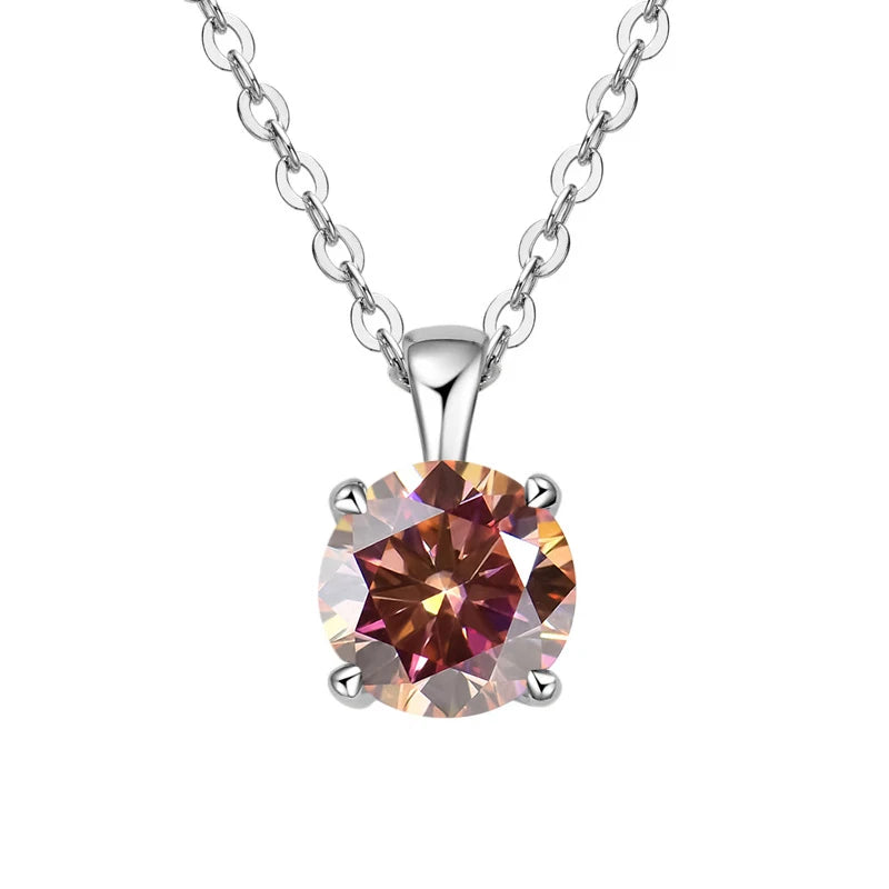 White gold-plated sterling silver necklace with a 1-carat pink moissanite pendant, round cut, for women.