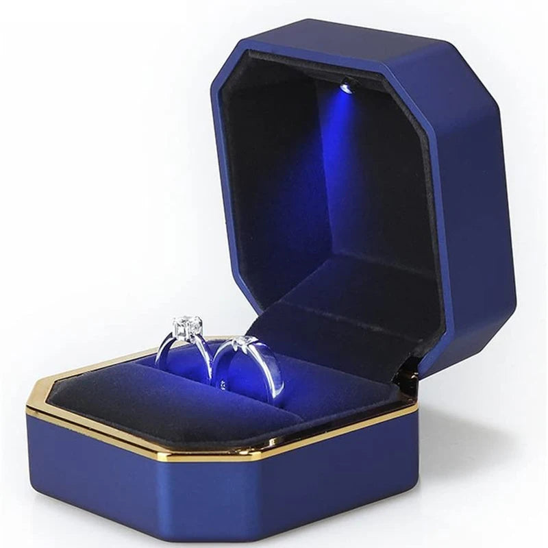 LED Luxury Engagement Ring Box with battery Blue and Gold