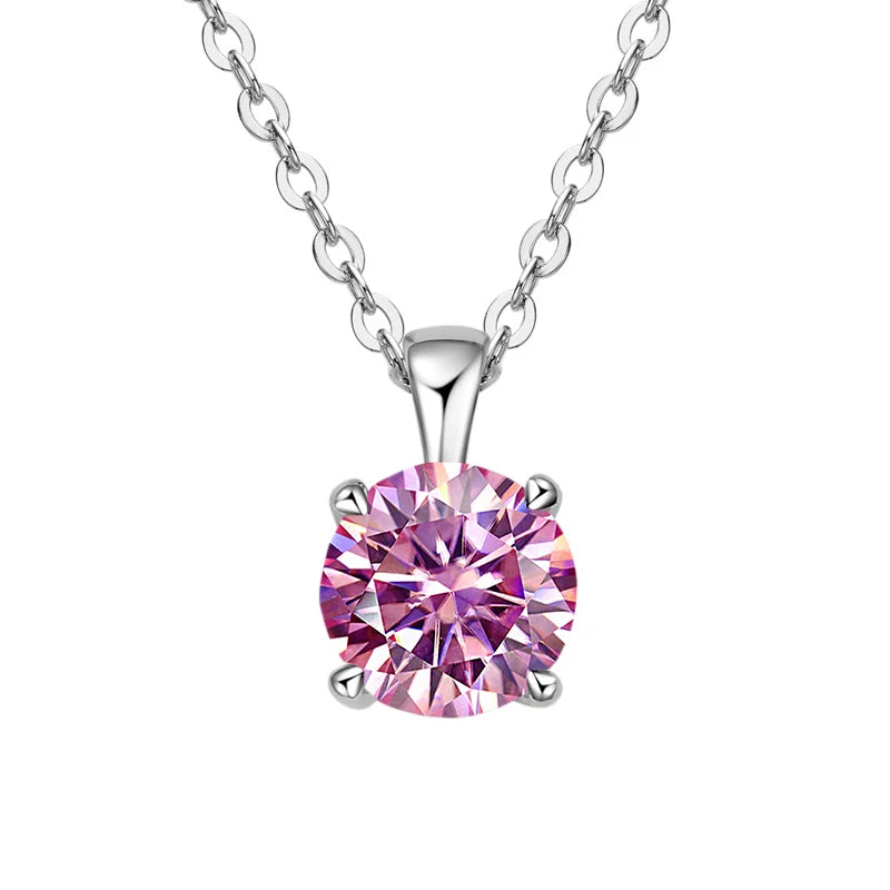 White gold-plated sterling silver necklace with a 1-carat pink moissanite pendant, round cut, for women.