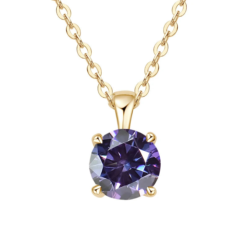 Gold-plated sterling silver necklace with a 1-carat purple moissanite pendant, round cut, for women.