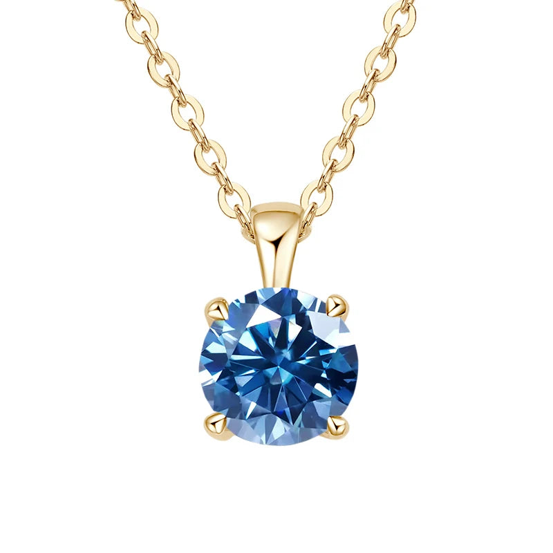 Gold-plated sterling silver necklace with a 1-carat blue moissanite pendant, round cut, for women.