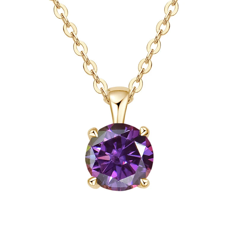 Gold-plated sterling silver necklace with a 1-carat purple diamond alternative pendant, round cut, for women.