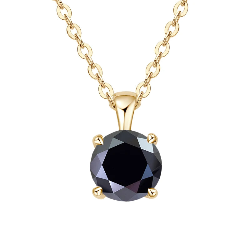 Gold-plated sterling silver necklace with a 1-carat black moissanite pendant, round cut, for women. Affordable diamond alternative.