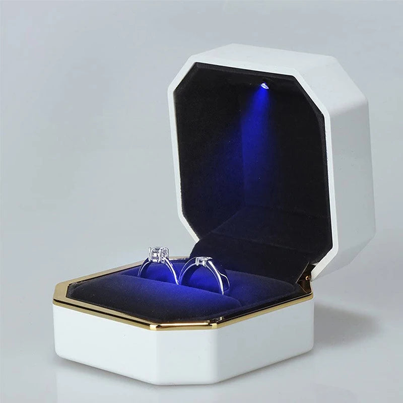 LED Luxury Engagement Ring Box with battery White and Gold