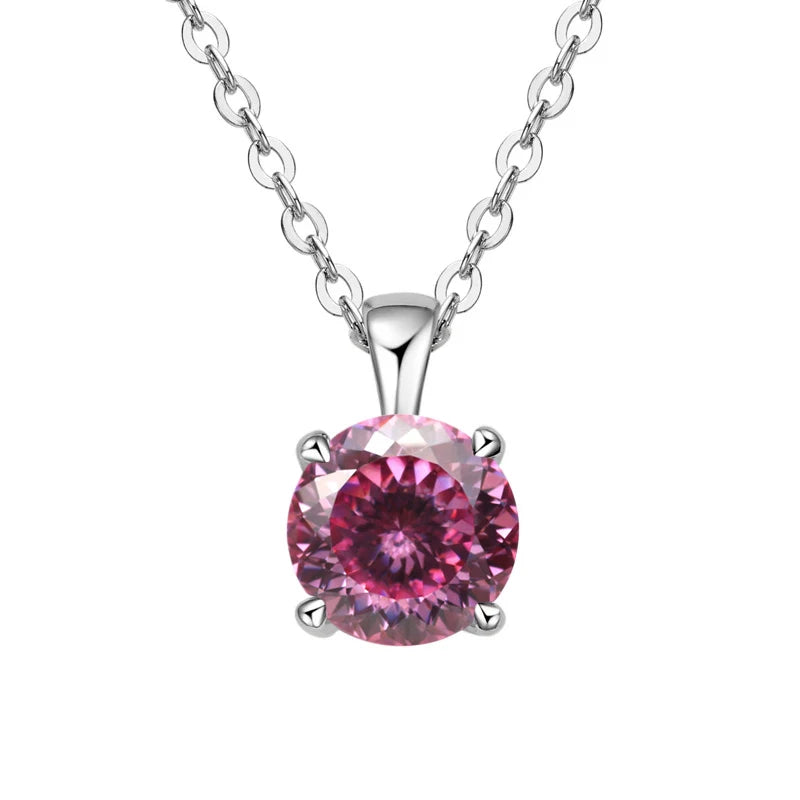 White gold-plated sterling silver necklace with a 1-carat dark pink moissanite pendant, round cut, for women.