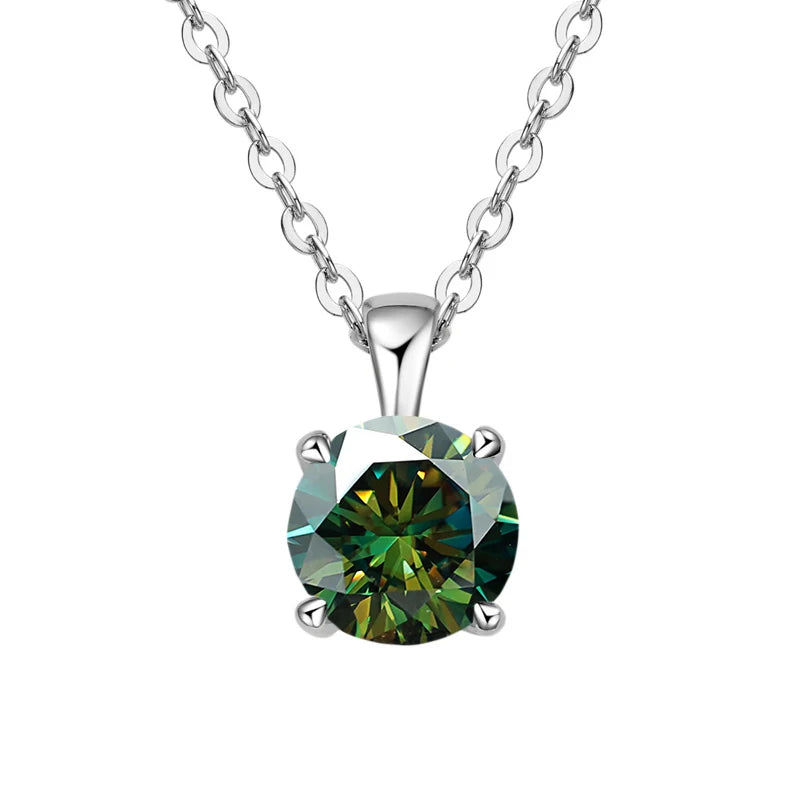 White gold-plated sterling silver necklace with a 1-carat green moissanite pendant, round cut, for women.