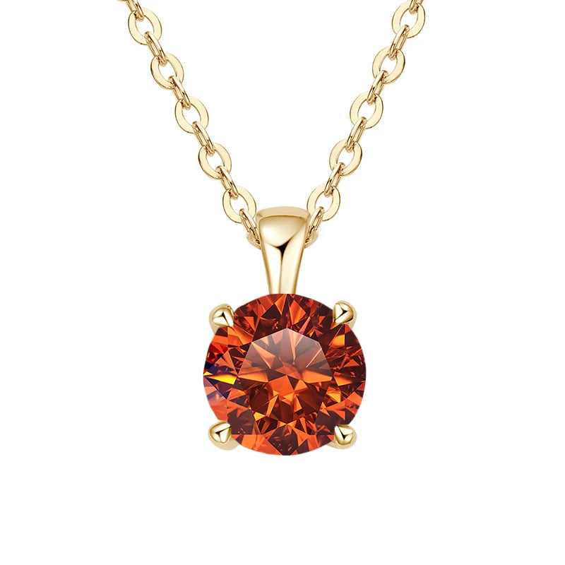 Gold-plated sterling silver necklace with a 1-carat orange moissanite pendant, round cut, for women.