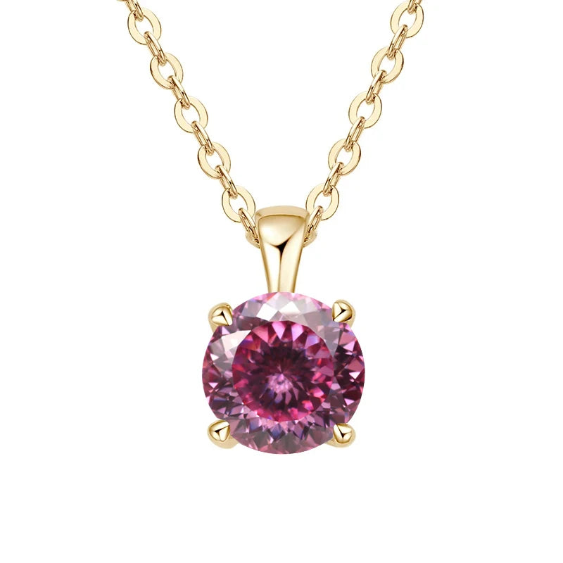 Gold-plated sterling silver necklace with a 1-carat pink 100-facet moissanite pendant, round cut, for women. Affordable diamond alternative.