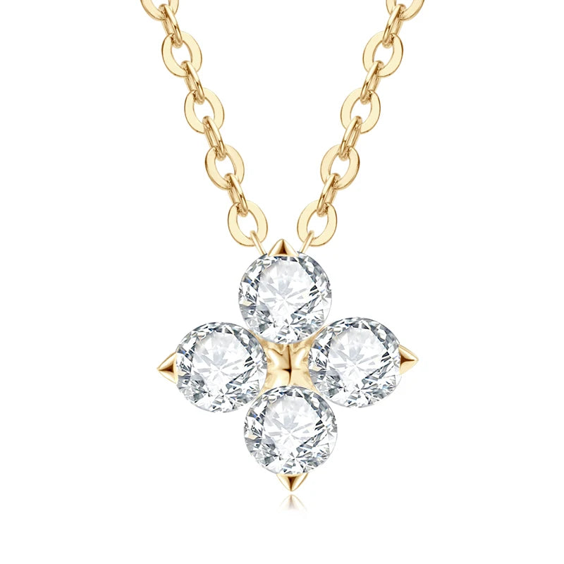 Gold-plated sterling silver necklace with a 4-leaf cross diamond moissanite pendant, round cut, for women or men.