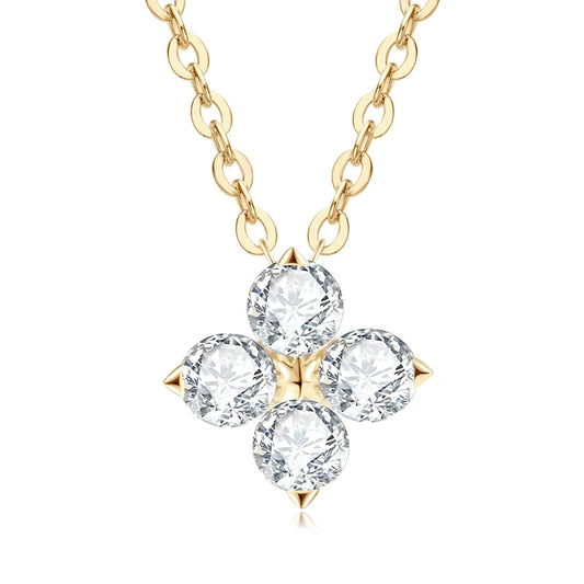 Gold-plated sterling silver necklace with a 4-leaf cross diamond moissanite pendant, round cut, for women or men.