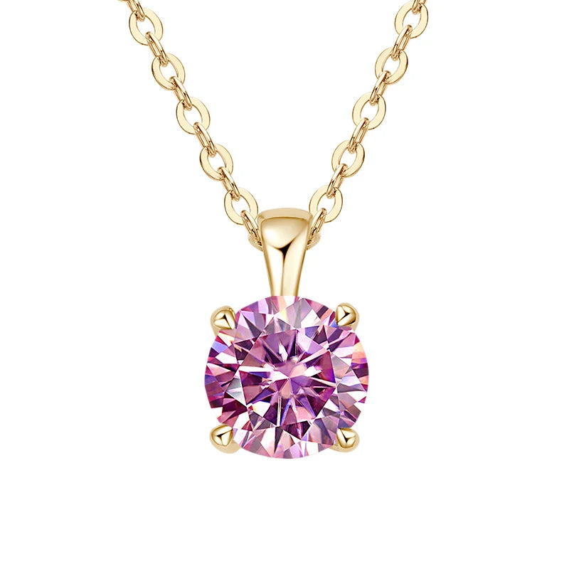 Gold-plated sterling silver necklace with a 1-carat pink moissanite pendant, round cut, for women.