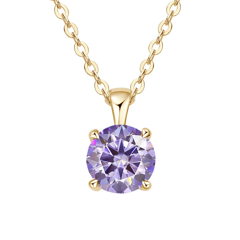 Gold-plated sterling silver necklace with a 1-carat purple moissanite pendant, round cut, for women. Affordable diamond alternative.