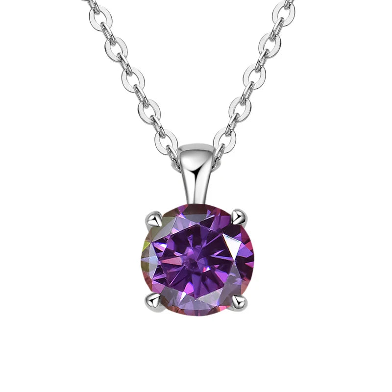 White gold-plated sterling silver necklace with a 1-carat purple moissanite pendant, round cut, for women.