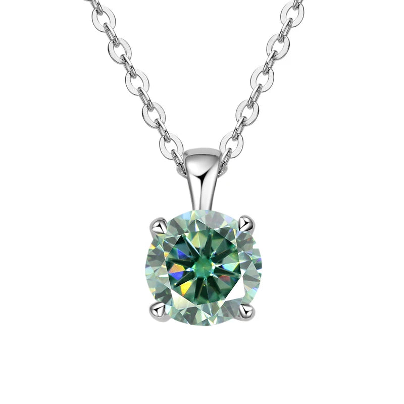 White gold-plated sterling silver necklace with a 1-carat light green moissanite pendant, round cut, for women.