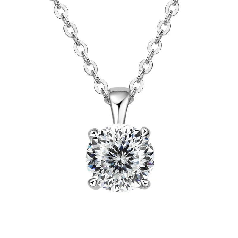 White gold-plated sterling silver necklace with a 1-carat diamond moissanite pendant, round cut, for women.