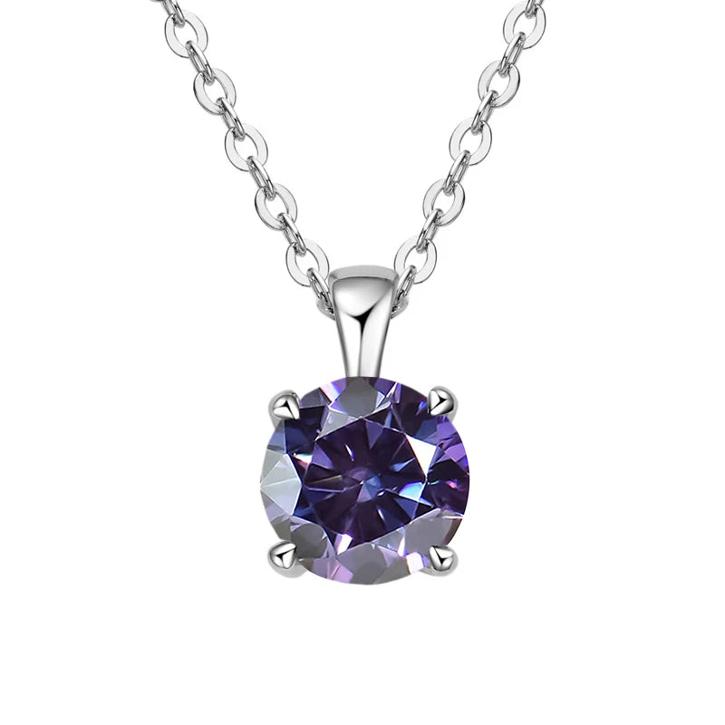 White gold-plated sterling silver necklace with a 1-carat purple moissanite pendant, round cut, for women.