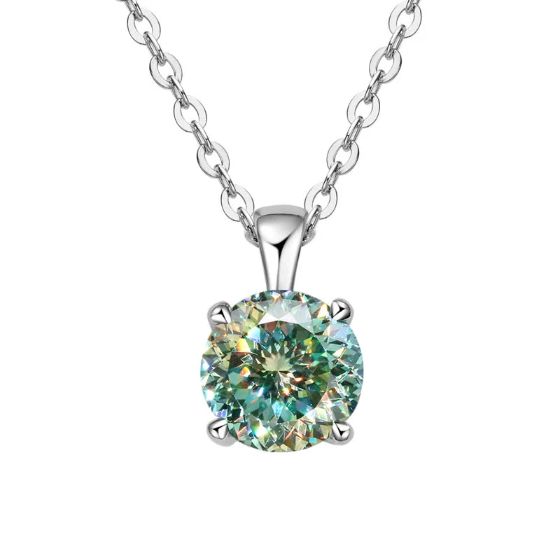 White gold-plated sterling silver necklace with a 1-carat blue-green moissanite pendant, round cut, for women.