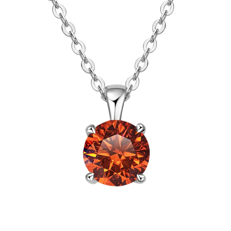 White gold-plated sterling silver necklace with a 1-carat orange moissanite pendant, round cut, for women.