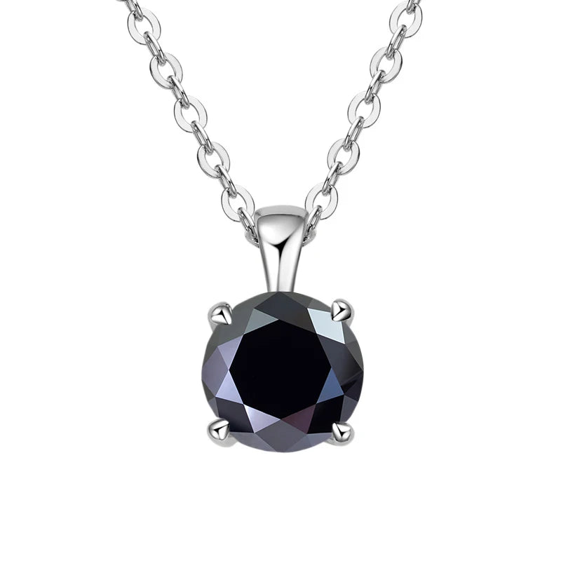 White gold-plated sterling silver necklace with a 1-carat onyx black moissanite pendant, round cut, for women.