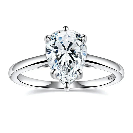 Pear-cut moissanite engagement ring in 18K white gold-plated sterling silver, featuring a 1.0CT or 2.0CT D-color VVS1 clarity stone in a prong setting.