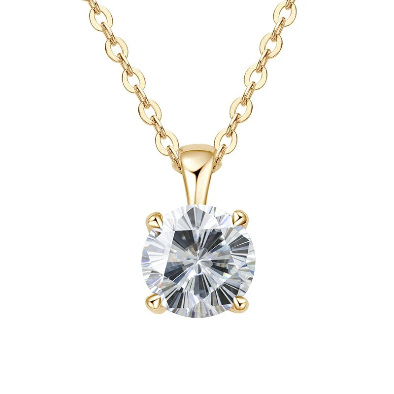 Gold-plated sterling silver necklace with a 1-carat 100 facet cut moissanite pendant, round cut, for women.