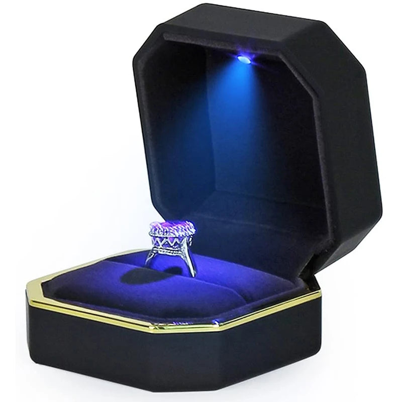 LED Luxury Engagement Ring Box with battery Black and Gold