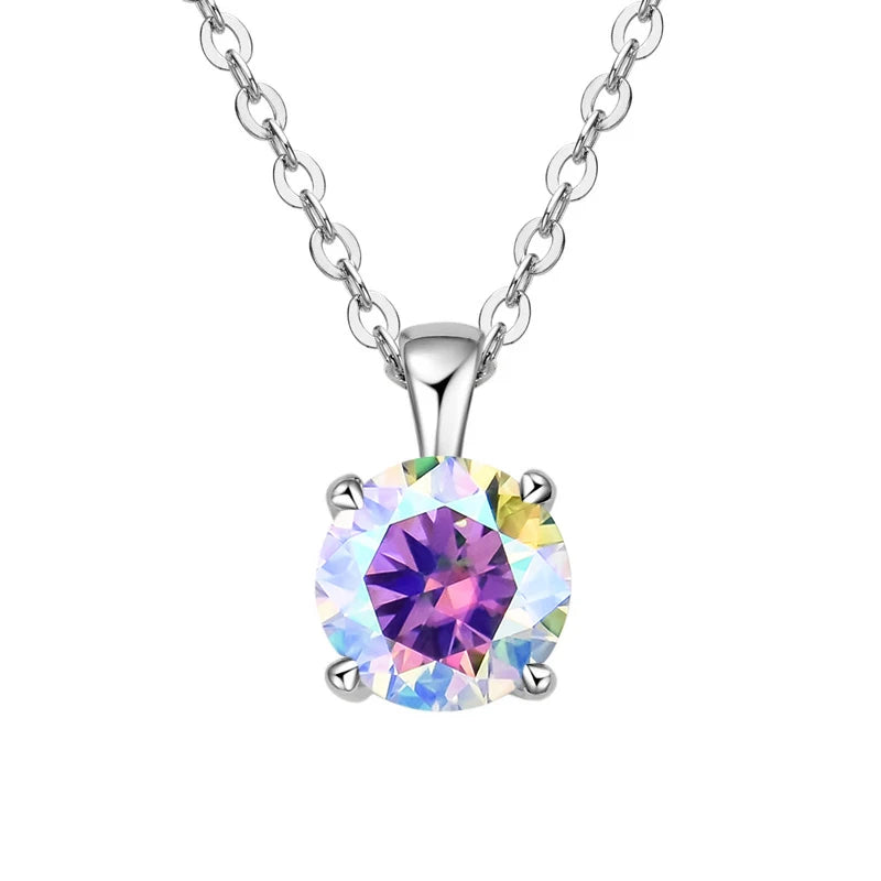 White gold-plated sterling silver necklace with a 1-carat rainbow moissanite pendant, round cut, for women.