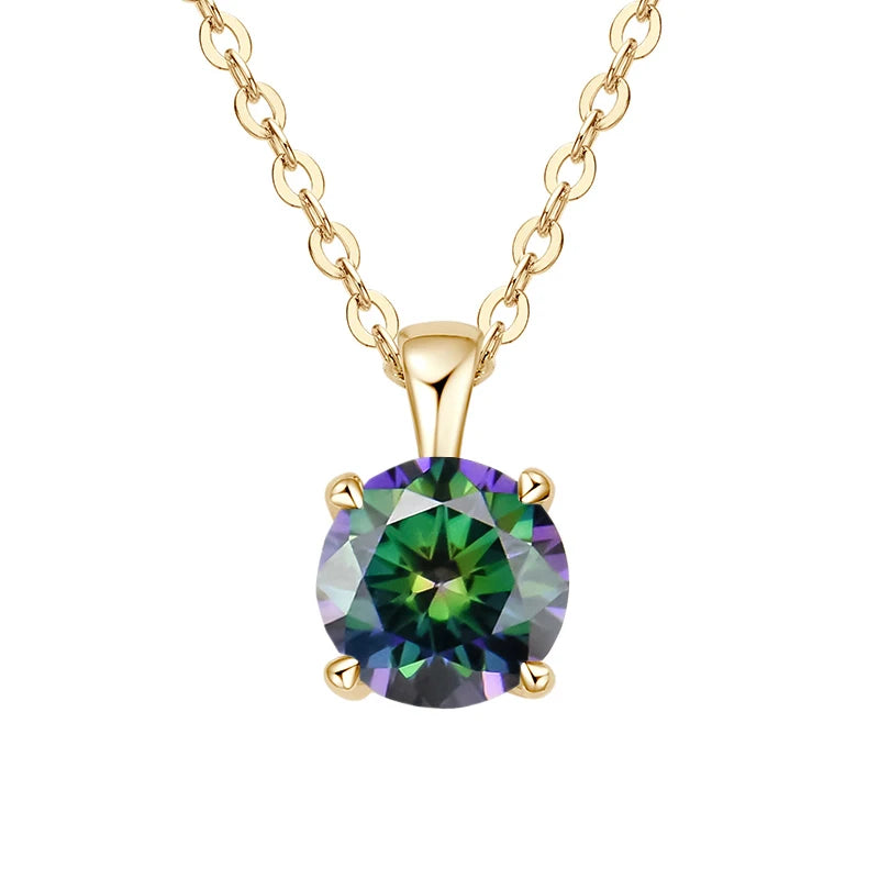 Gold-plated sterling silver necklace with a 1-carat purple-green diamond alternative pendant, round cut, for women.