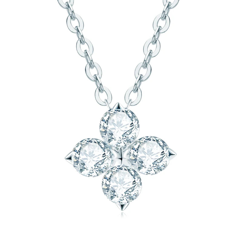 White gold-plated sterling silver necklace with a 4-leaf cross diamond moissanite pendant, round cut, for women or men.